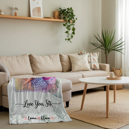 Personalisierte Decke Schwester mit 1 Foto & Namen Love you sis