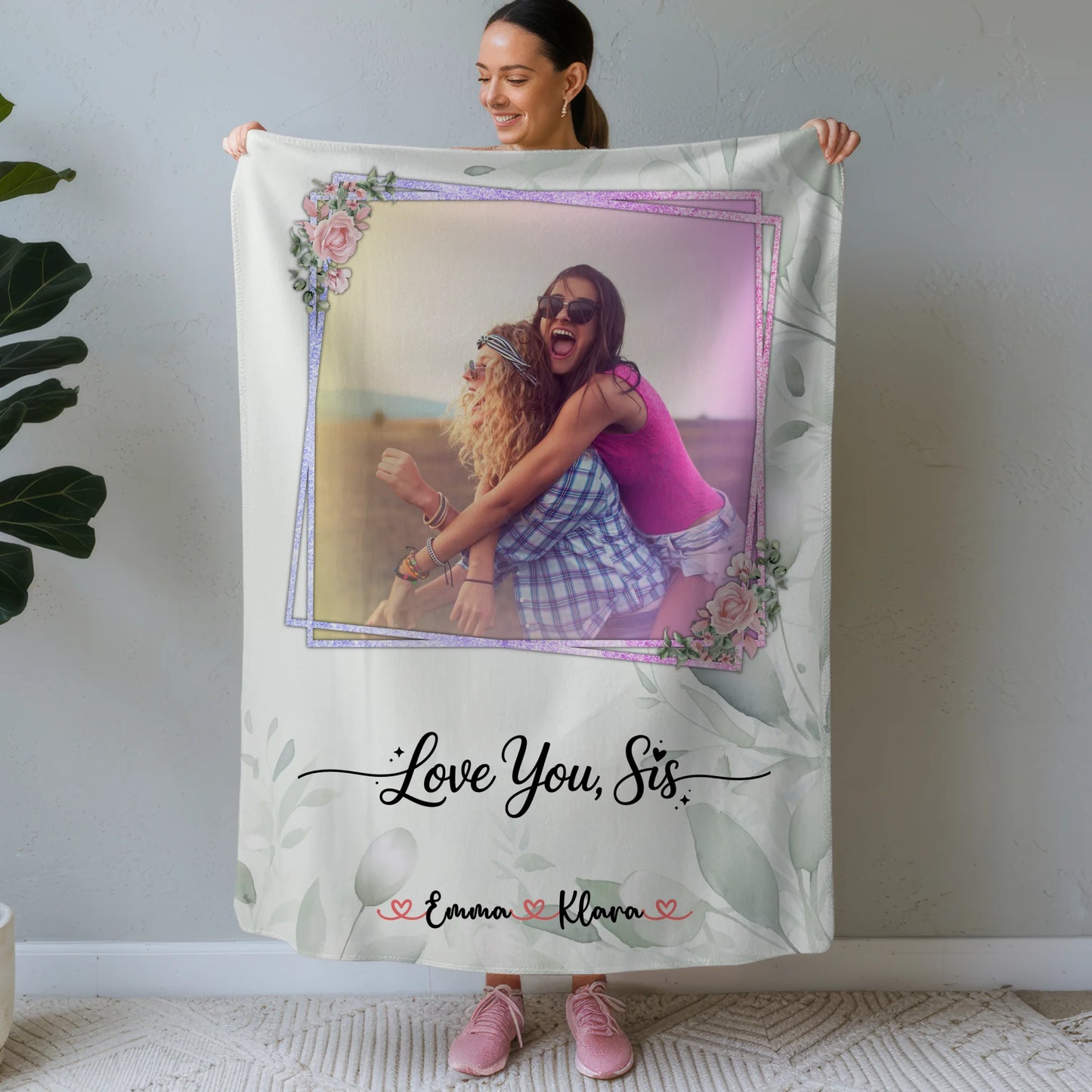 Personalisierte Decke Schwester mit 1 Foto & Namen Love you sis