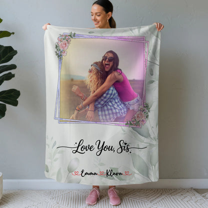 Personalisierte Decke Schwester mit 1 Foto & Namen Love you sis