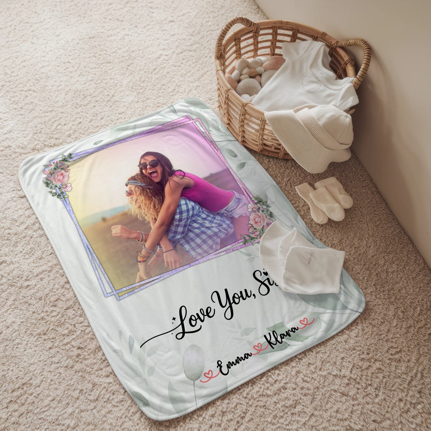 Personalisierte Decke Schwester mit 1 Foto & Namen Love you sis