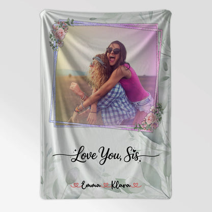 Personalisierte Decke Schwester mit 1 Foto & Namen Love you sis