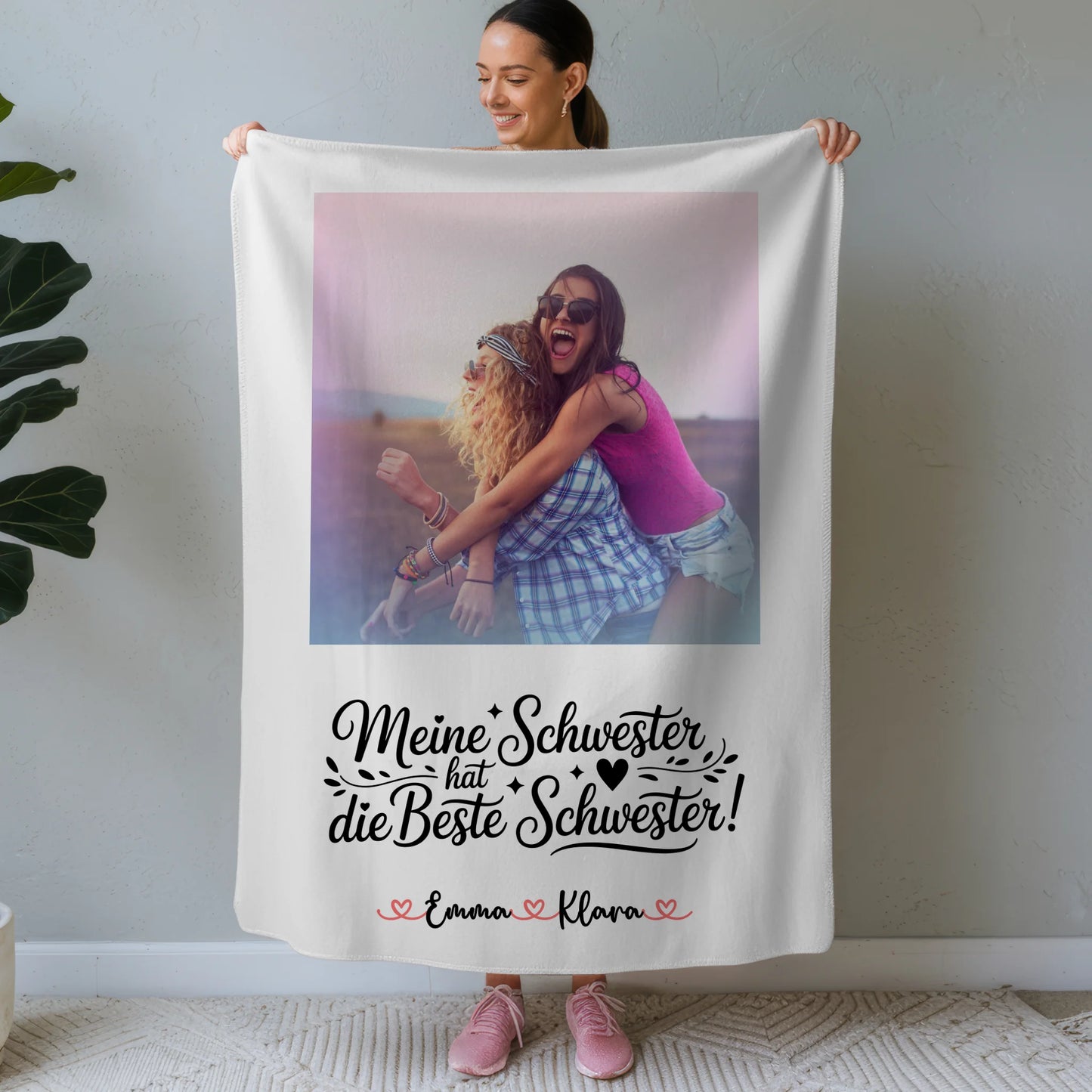 Personalisierte Decke Schwester mit Namen & Foto, 1 Foto, Hintergrundbild, Wunschtext