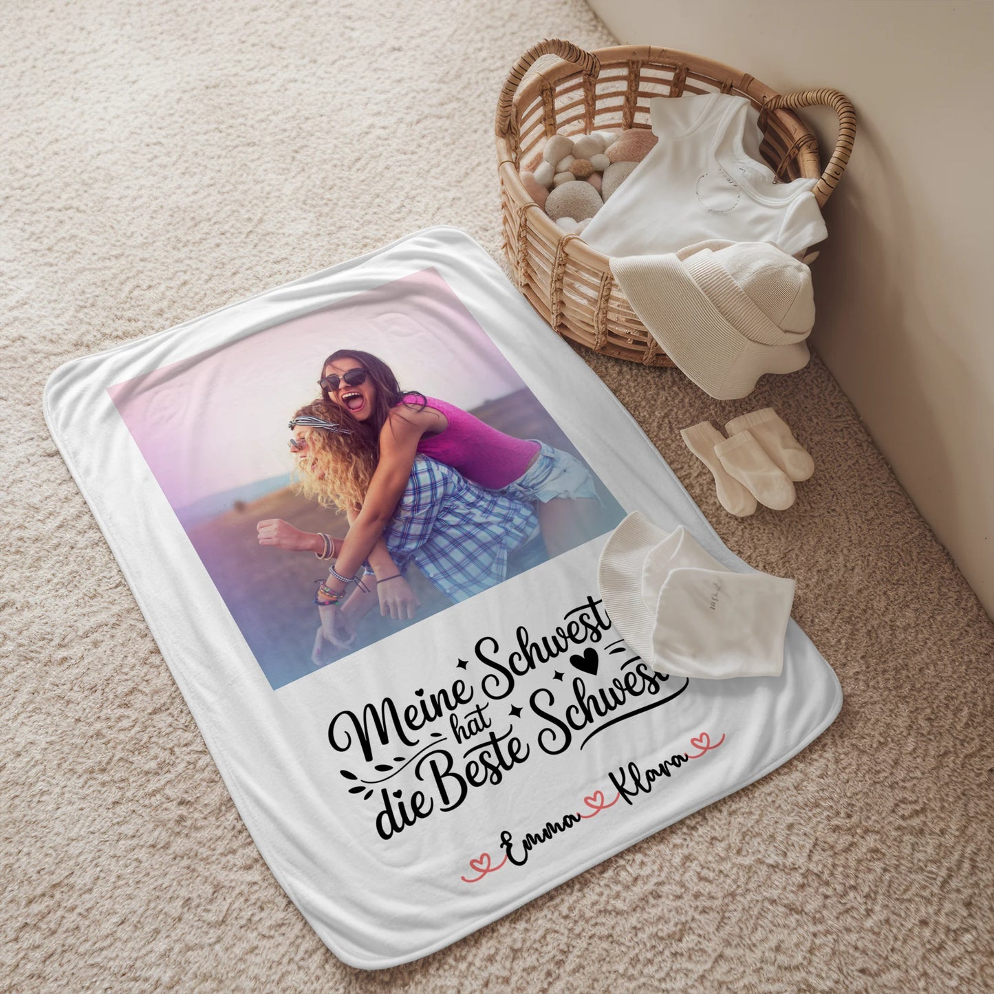 Personalisierte Decke Schwester mit Namen & Foto, 1 Foto, Hintergrundbild, Wunschtext