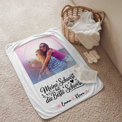 Personalisierte Decke Schwester mit Namen & Foto, 1 Foto, Hintergrundbild, Wunschtext