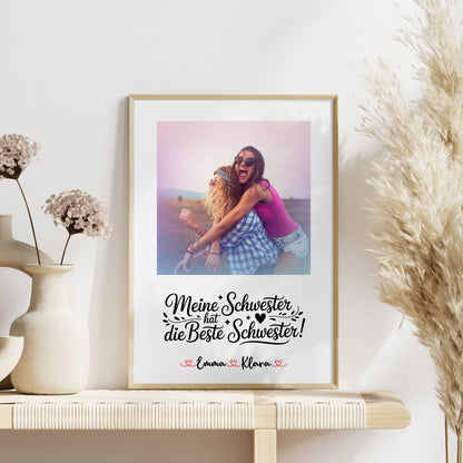 Schwester Poster personalisiert mit Namen, 1 Foto, Hintergrundbild & Wunschtext