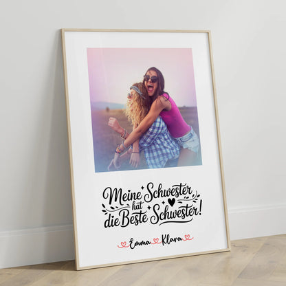 Schwester Poster personalisiert mit Namen, 1 Foto, Hintergrundbild & Wunschtext