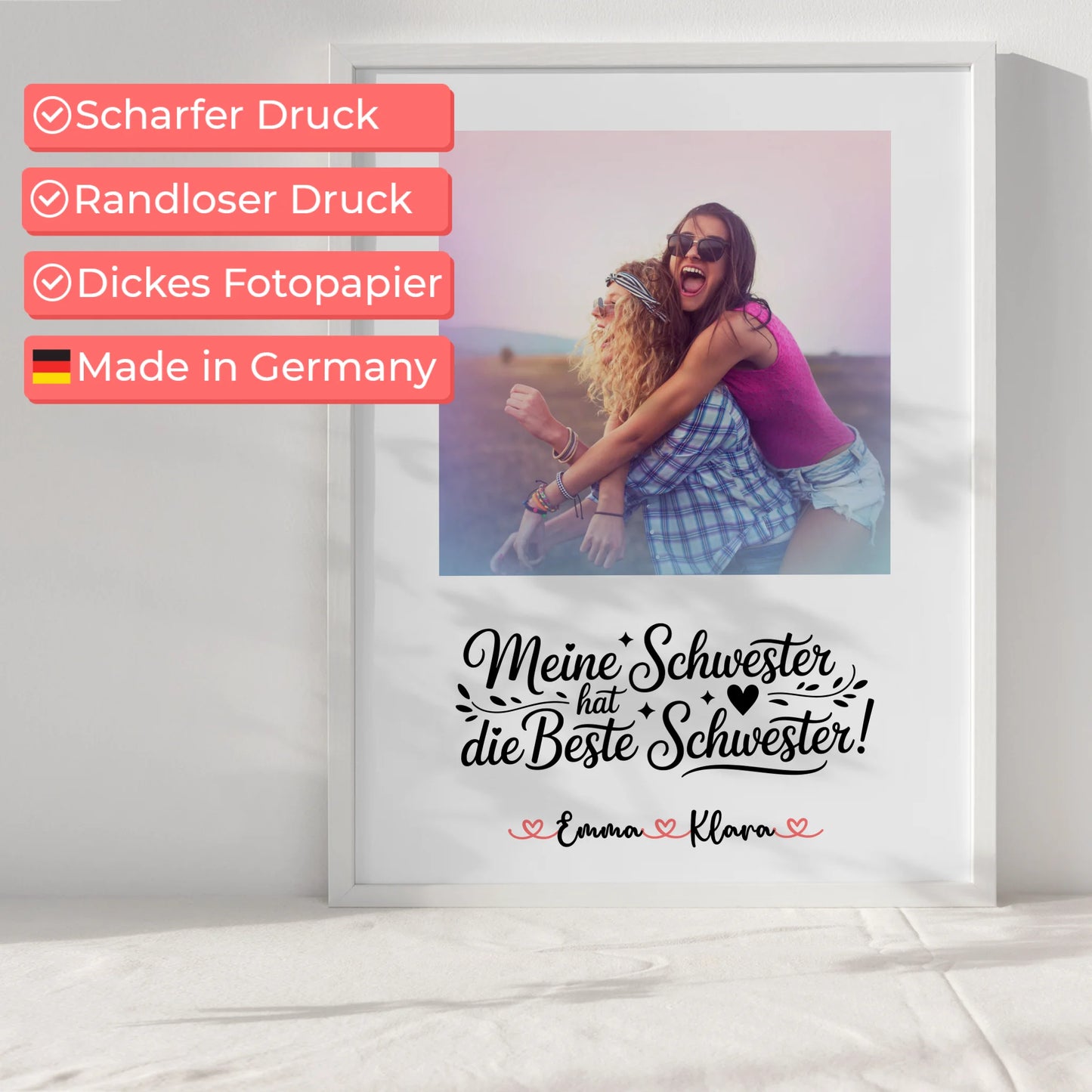Schwester Poster personalisiert mit Namen, 1 Foto, Hintergrundbild & Wunschtext