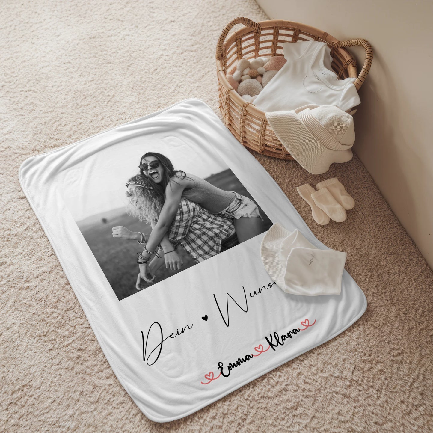 Personalisierte Decke Schwester mit 1 Foto & Namen, Black & White Design und Wunschtext