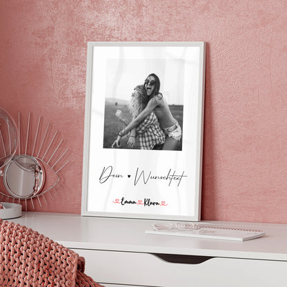 Poster Schwester mit 1 Foto & Namen, Black & White Hintergrund und Wunschtext