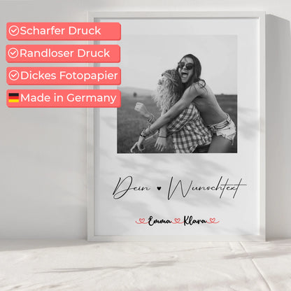 Poster Schwester mit 1 Foto & Namen, Black & White Hintergrund und Wunschtext