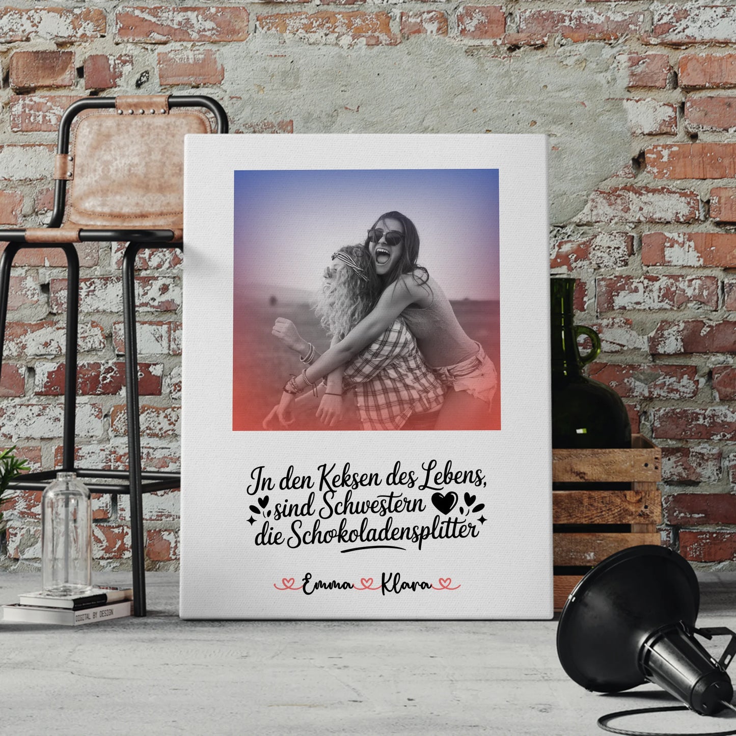 Schwester Leinwand personalisiert mit Foto, Namen & Wunschtext Black & White Stil