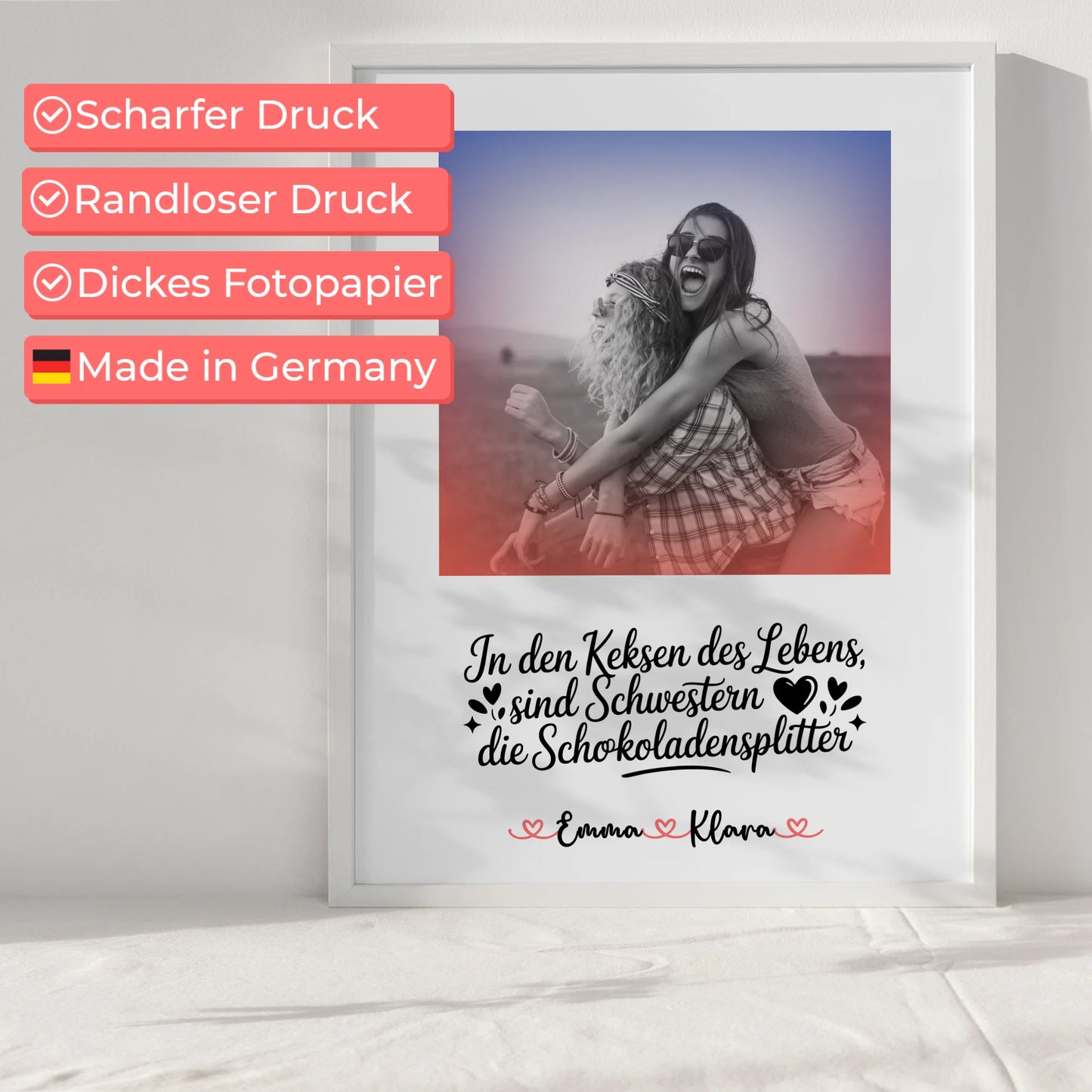 Schwester Poster personalisierbar mit Namen, Foto Black & White und Wunschtext
