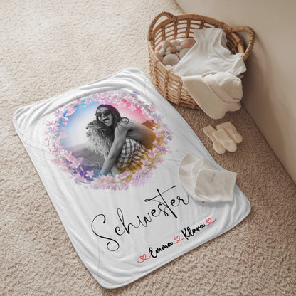 Personalisierte Decke Schwester mit 2 Fotos & Namen Black & White Schwesterherz