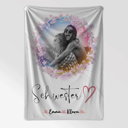 Personalisierte Decke Schwester mit 2 Fotos & Namen Black & White Schwesterherz