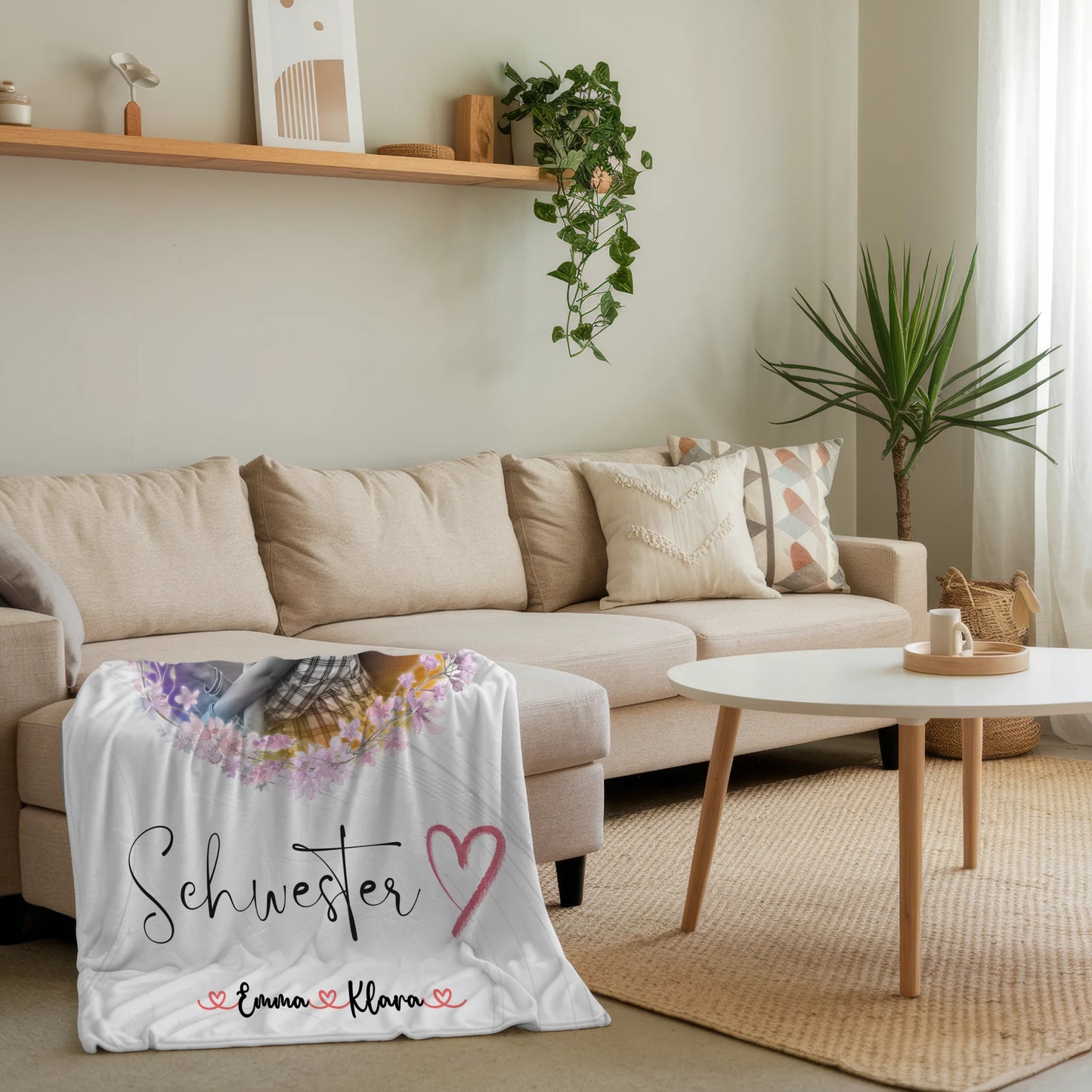 Personalisierte Decke Schwester mit 2 Fotos & Namen Black & White Schwesterherz