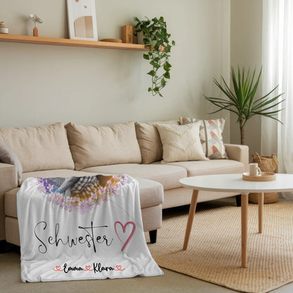 Personalisierte Decke Schwester mit 2 Fotos & Namen Black & White Schwesterherz