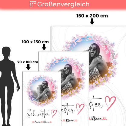 Personalisierte Decke Schwester mit 2 Fotos & Namen Black & White Schwesterherz