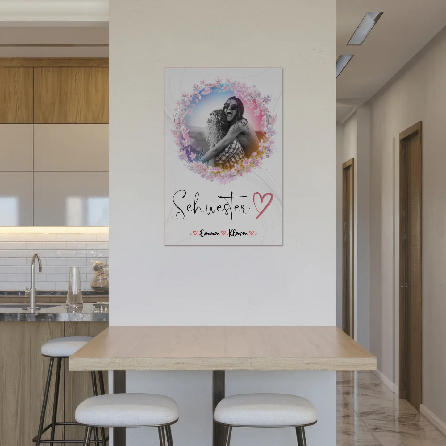 Fotoboard Magnetisches Wandbild Schwesterherz 2 Foto & Namen Black & White mit Wunschtext