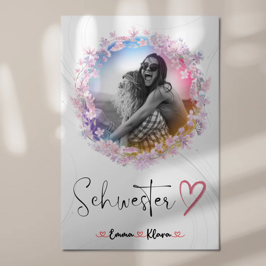 Fotoboard Magnetisches Wandbild Schwesterherz 2 Foto & Namen Black & White mit Wunschtext