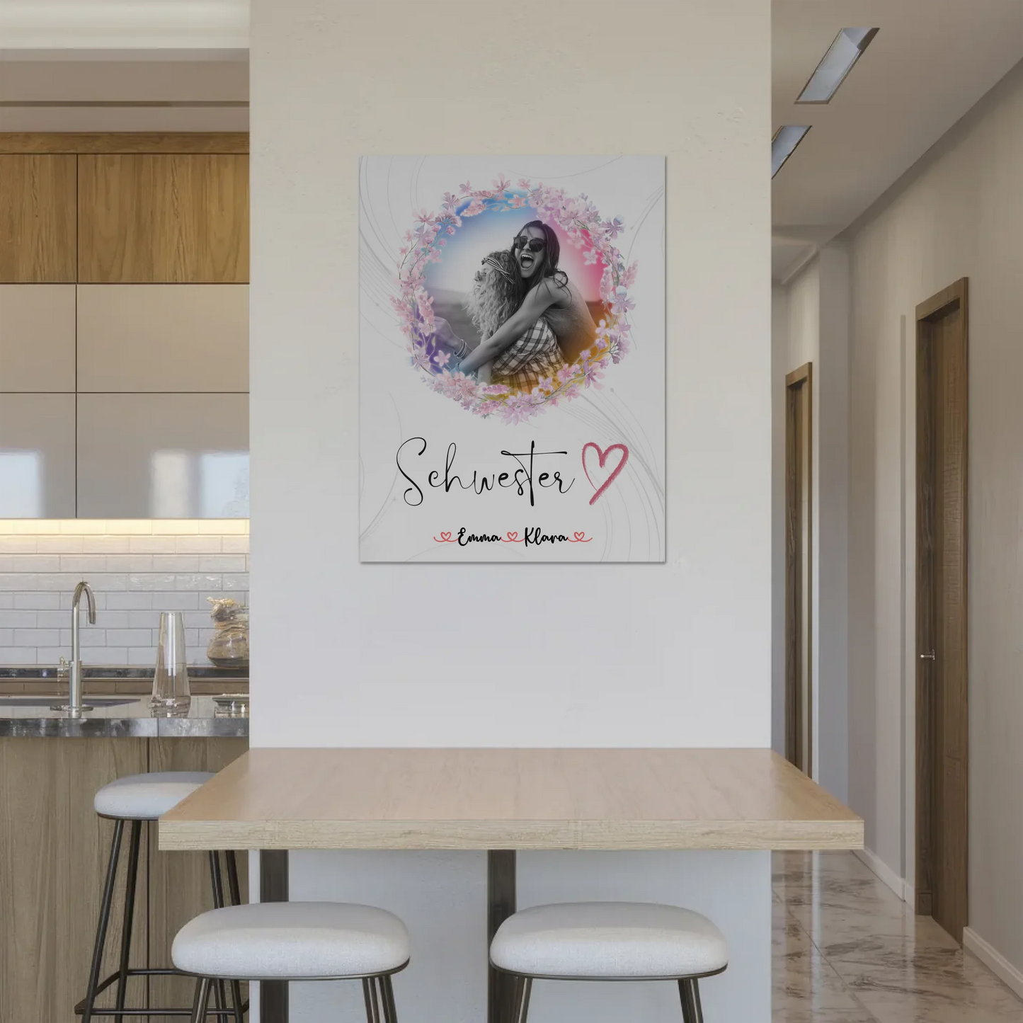 Fotoboard Magnetisches Wandbild Schwesterherz 2 Foto & Namen Black & White mit Wunschtext