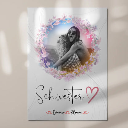 Fotoboard Magnetisches Wandbild Schwesterherz 2 Foto & Namen Black & White mit Wunschtext