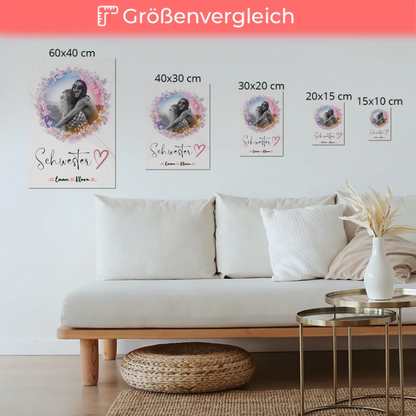 Fotoboard Magnetisches Wandbild Schwesterherz 2 Foto & Namen Black & White mit Wunschtext