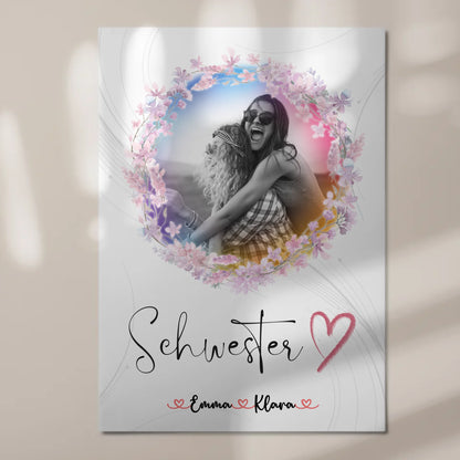 Fotoboard Magnetisches Wandbild Schwesterherz 2 Foto & Namen Black & White mit Wunschtext
