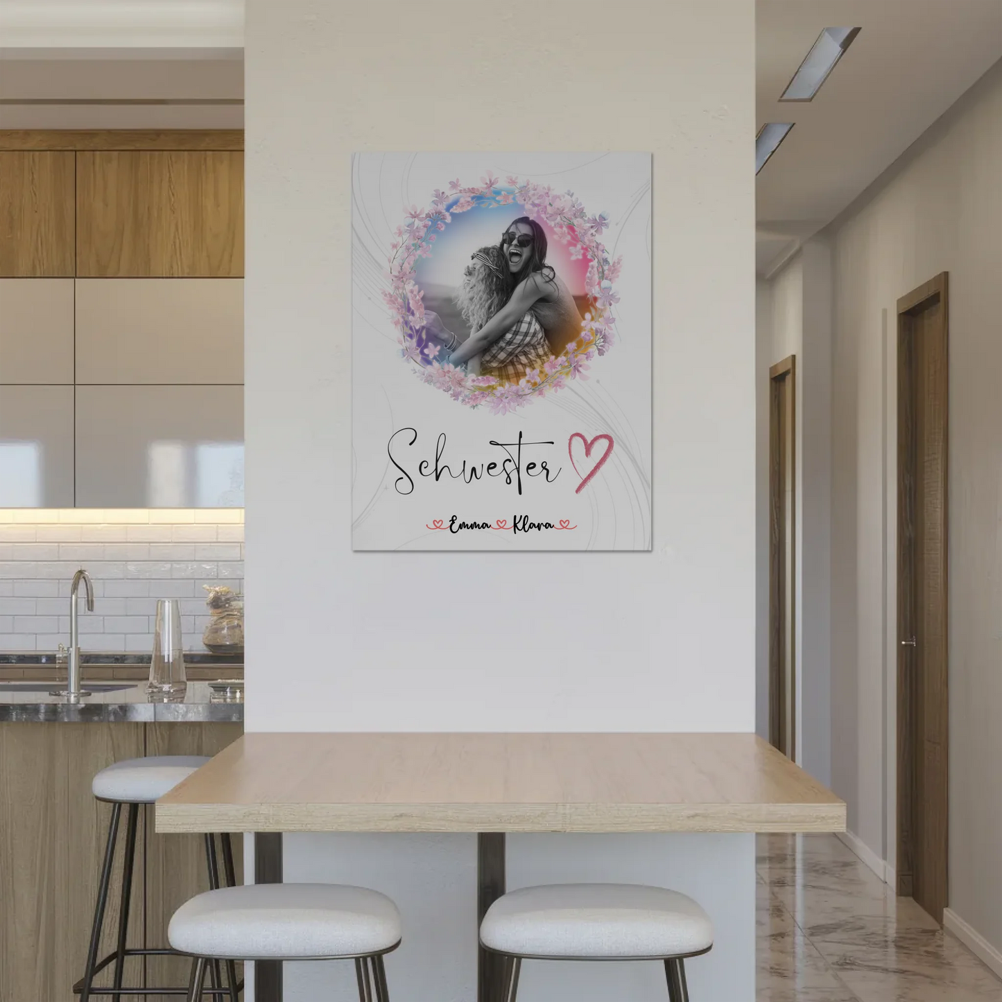 Fotoboard Magnetisches Wandbild Schwesterherz 2 Foto & Namen Black & White mit Wunschtext