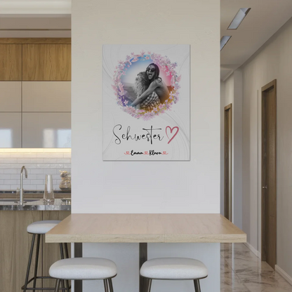 Fotoboard Magnetisches Wandbild Schwesterherz 2 Foto & Namen Black & White mit Wunschtext