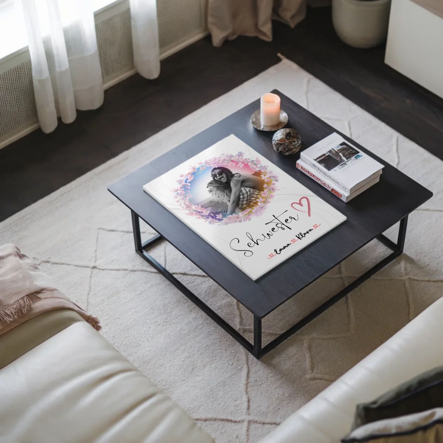 Fotoboard Magnetisches Wandbild Schwesterherz 2 Foto & Namen Black & White mit Wunschtext