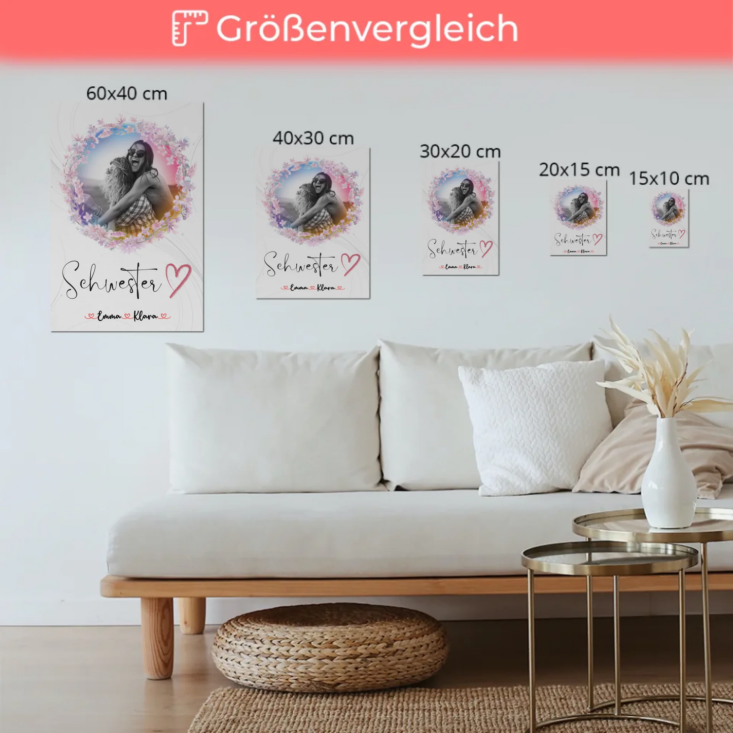 Fotoboard Magnetisches Wandbild Schwesterherz 2 Foto & Namen Black & White mit Wunschtext
