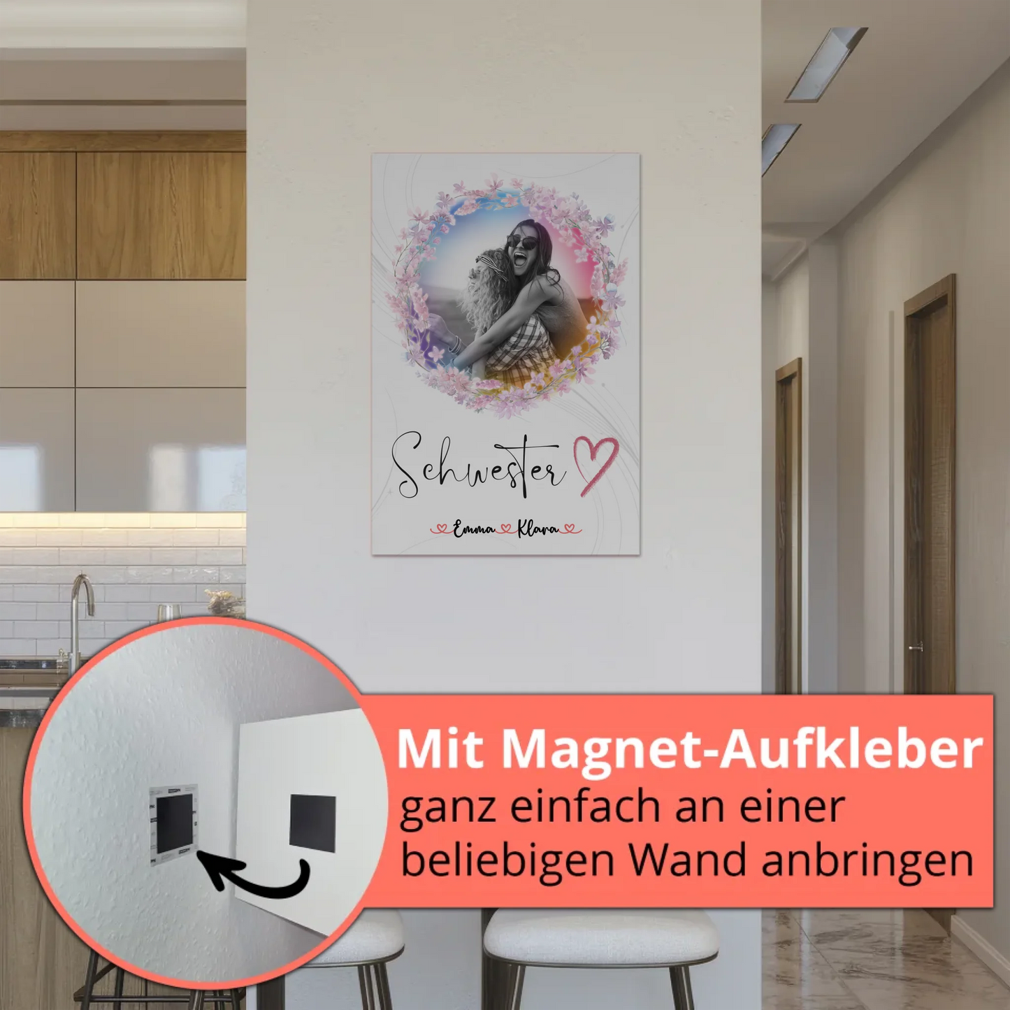 Fotoboard Magnetisches Wandbild Schwesterherz 2 Foto & Namen Black & White mit Wunschtext