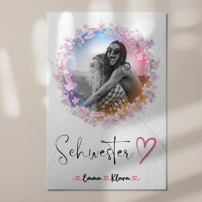 Fotoboard Magnetisches Wandbild Schwesterherz 2 Foto & Namen Black & White mit Wunschtext