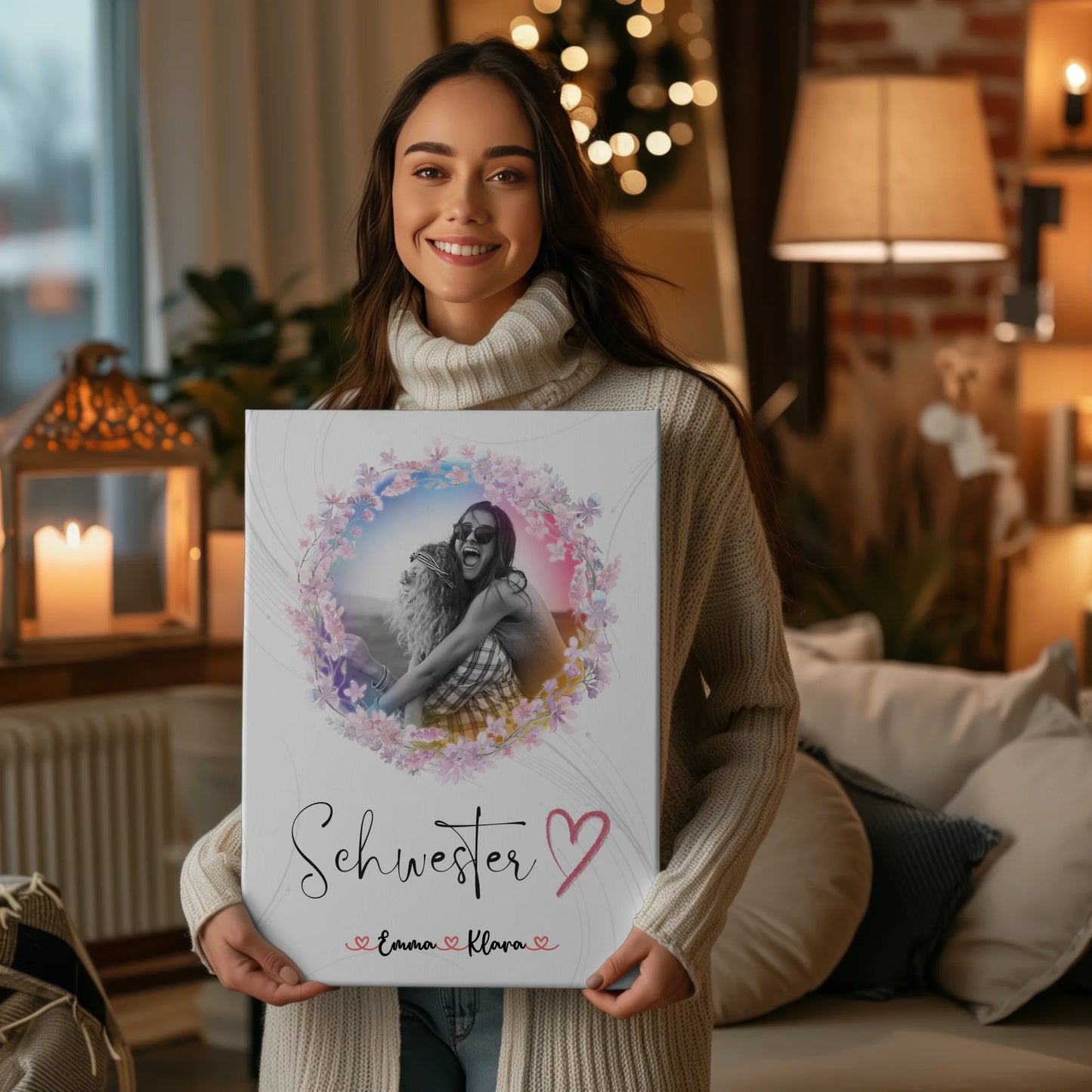 Personalisierte Leinwand Schwester - 2 Foto & Namen Black & White mit Wunschtext