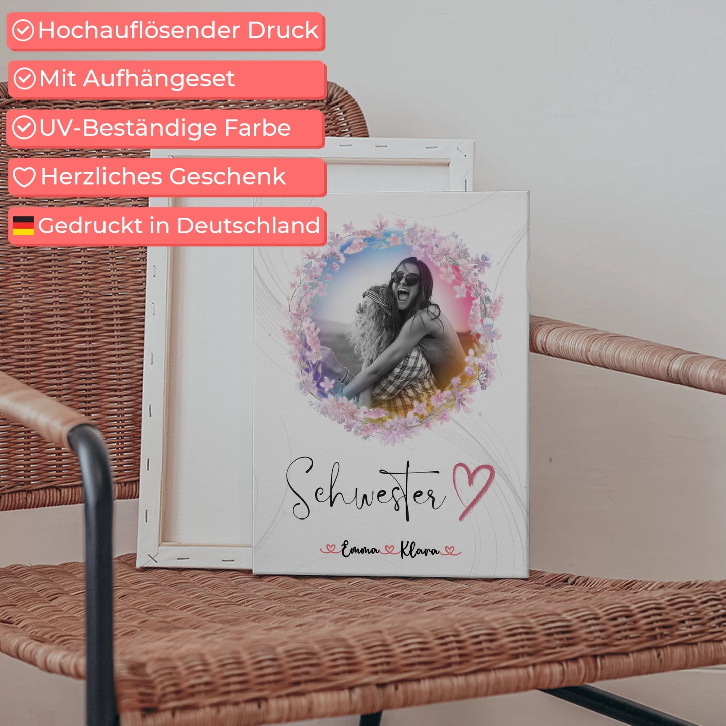 Personalisierte Leinwand Schwester - 2 Foto & Namen Black & White mit Wunschtext