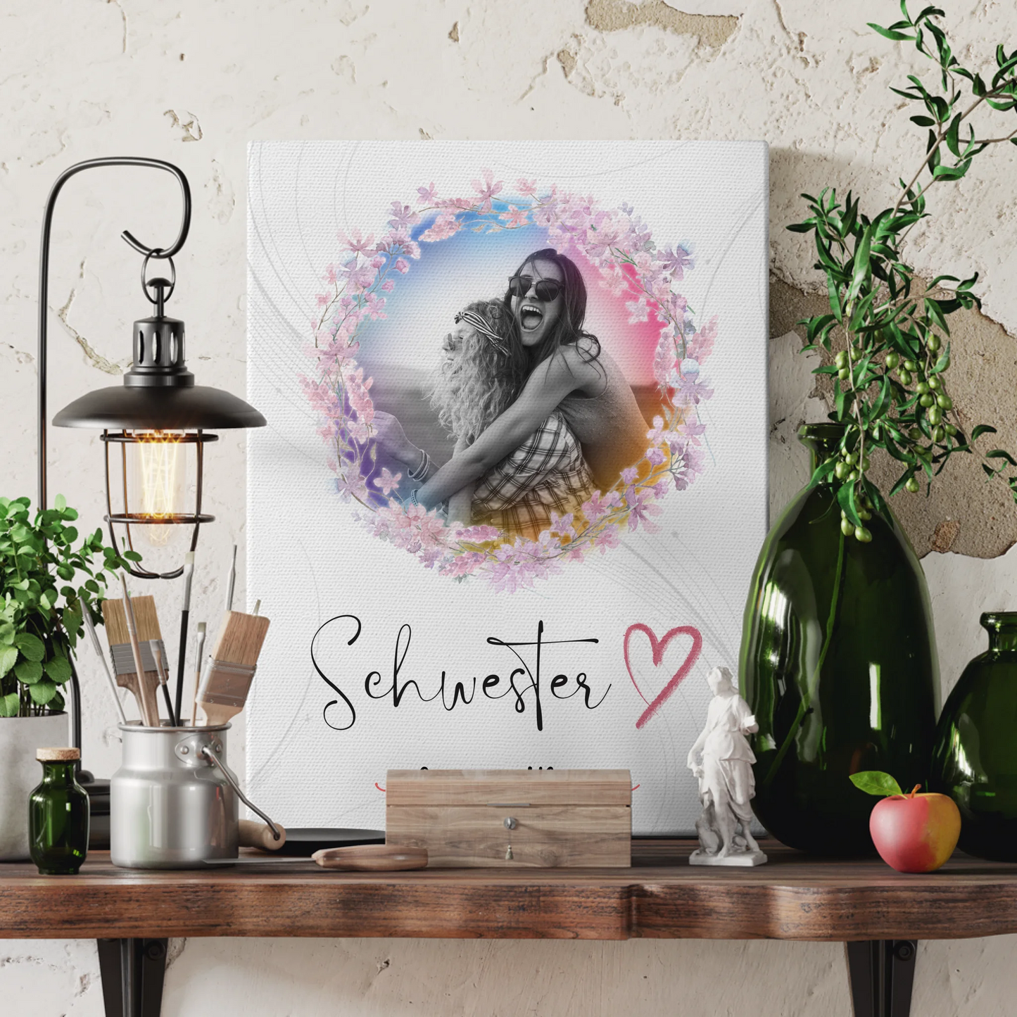 Personalisierte Leinwand Schwester - 2 Foto & Namen Black & White mit Wunschtext