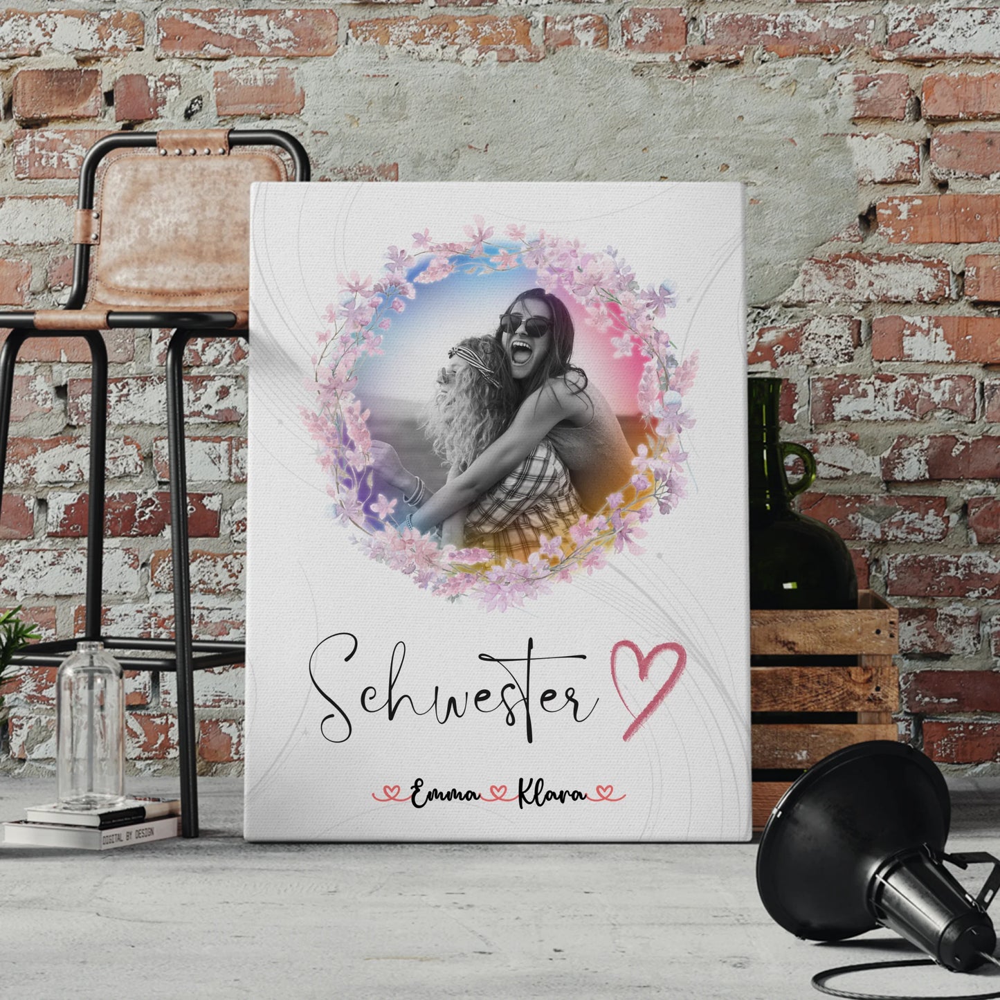 Personalisierte Leinwand Schwester - 2 Foto & Namen Black & White mit Wunschtext