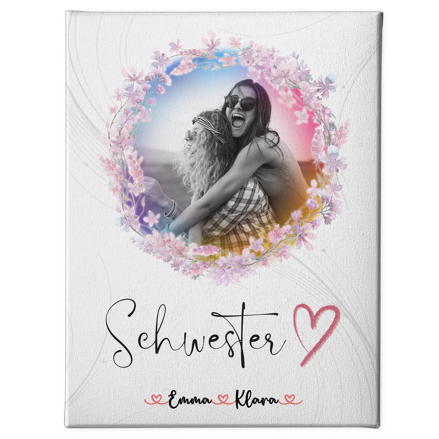 Personalisierte Leinwand Schwester - 2 Foto & Namen Black & White mit Wunschtext
