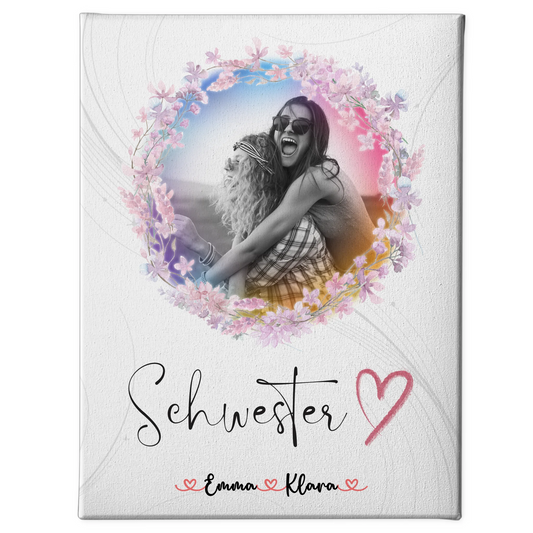 Personalisierte Leinwand Schwester - 2 Foto & Namen Black & White mit Wunschtext
