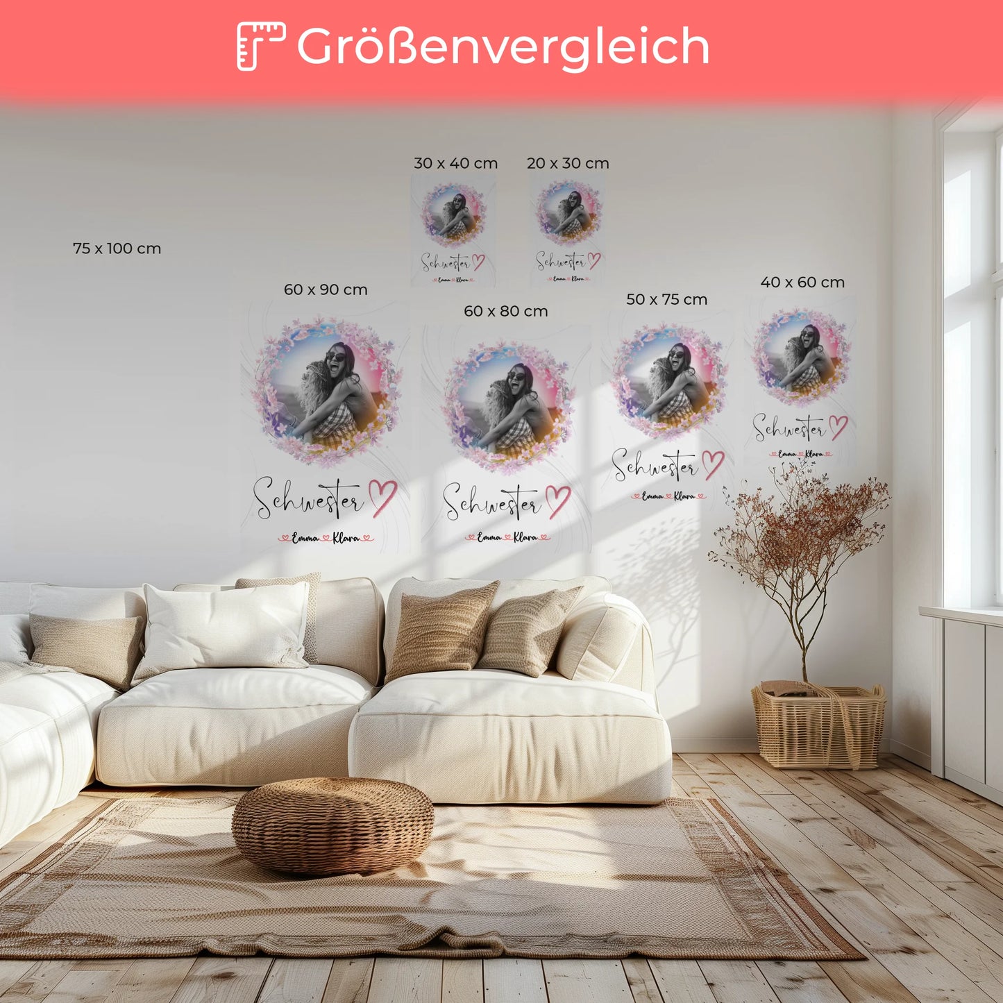 Personalisierte Leinwand Schwester - 2 Foto & Namen Black & White mit Wunschtext