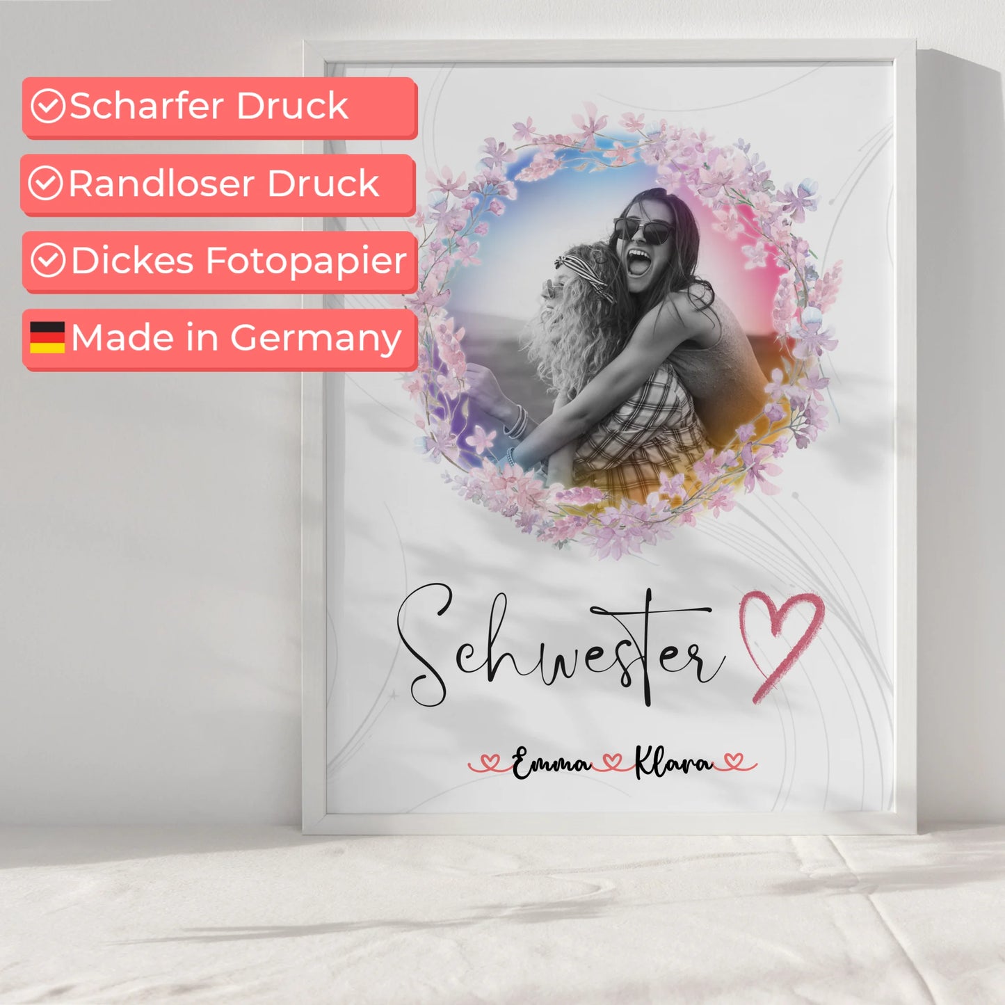 Schwester Poster Personalisiert 1 Foto Namen & eigener Spruch Schwesterherz Black & White