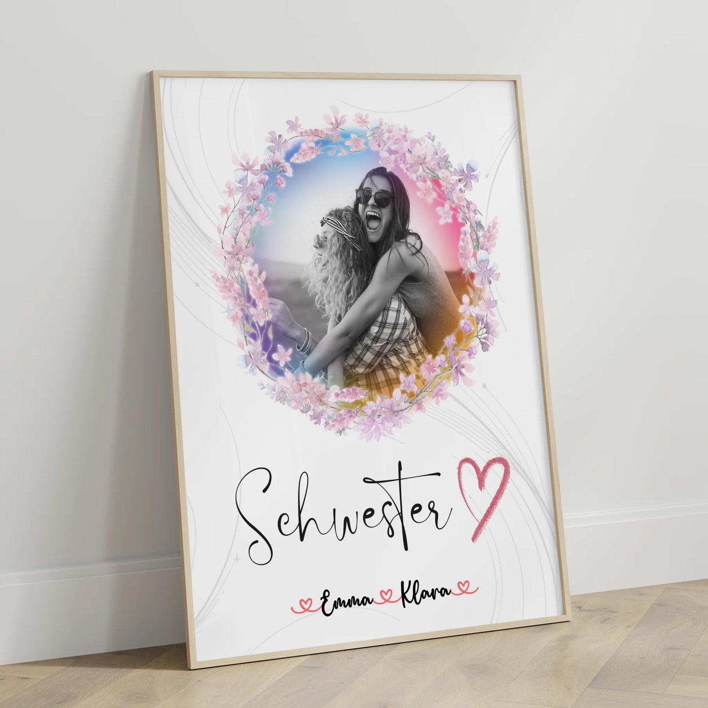 Schwester Poster Personalisiert 1 Foto Namen & eigener Spruch Schwesterherz Black & White