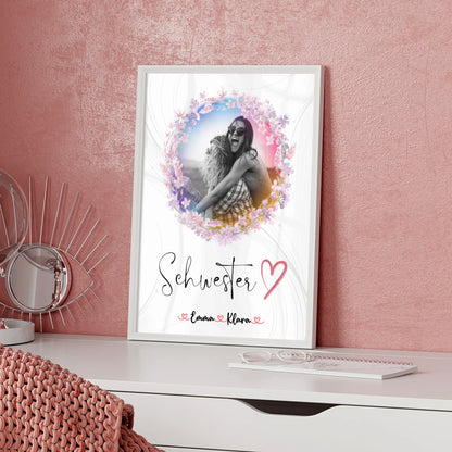 Schwester Poster Personalisiert 1 Foto Namen & eigener Spruch Schwesterherz Black & White