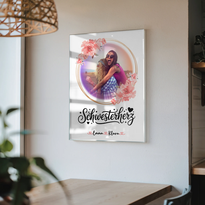 Acryl Bild Schwesterherz mit 1 Foto, Hintergrund, Namen & Spruch