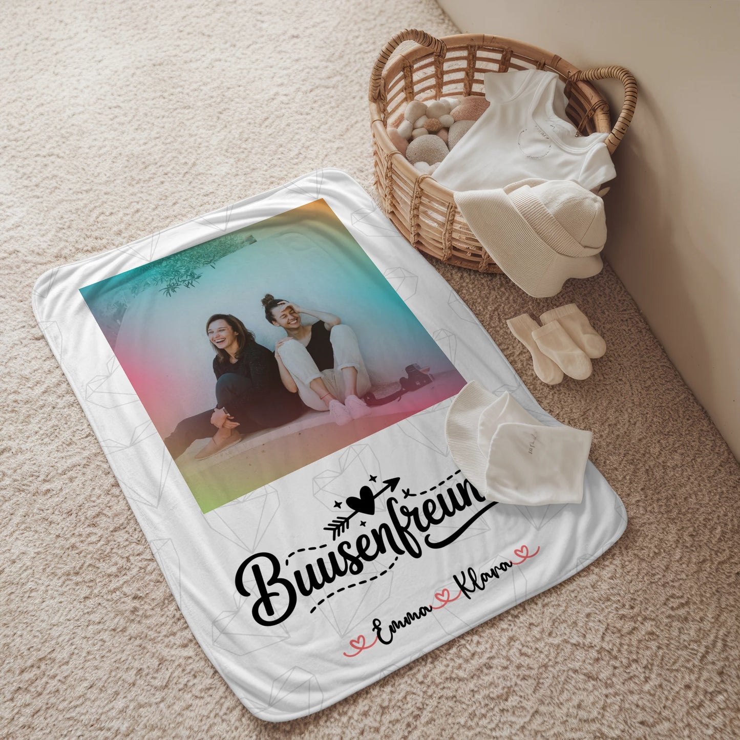 personalisierte Decke beste Freundin mit 1 Foto, Hintergrundbild, Namen & Wunschtext
