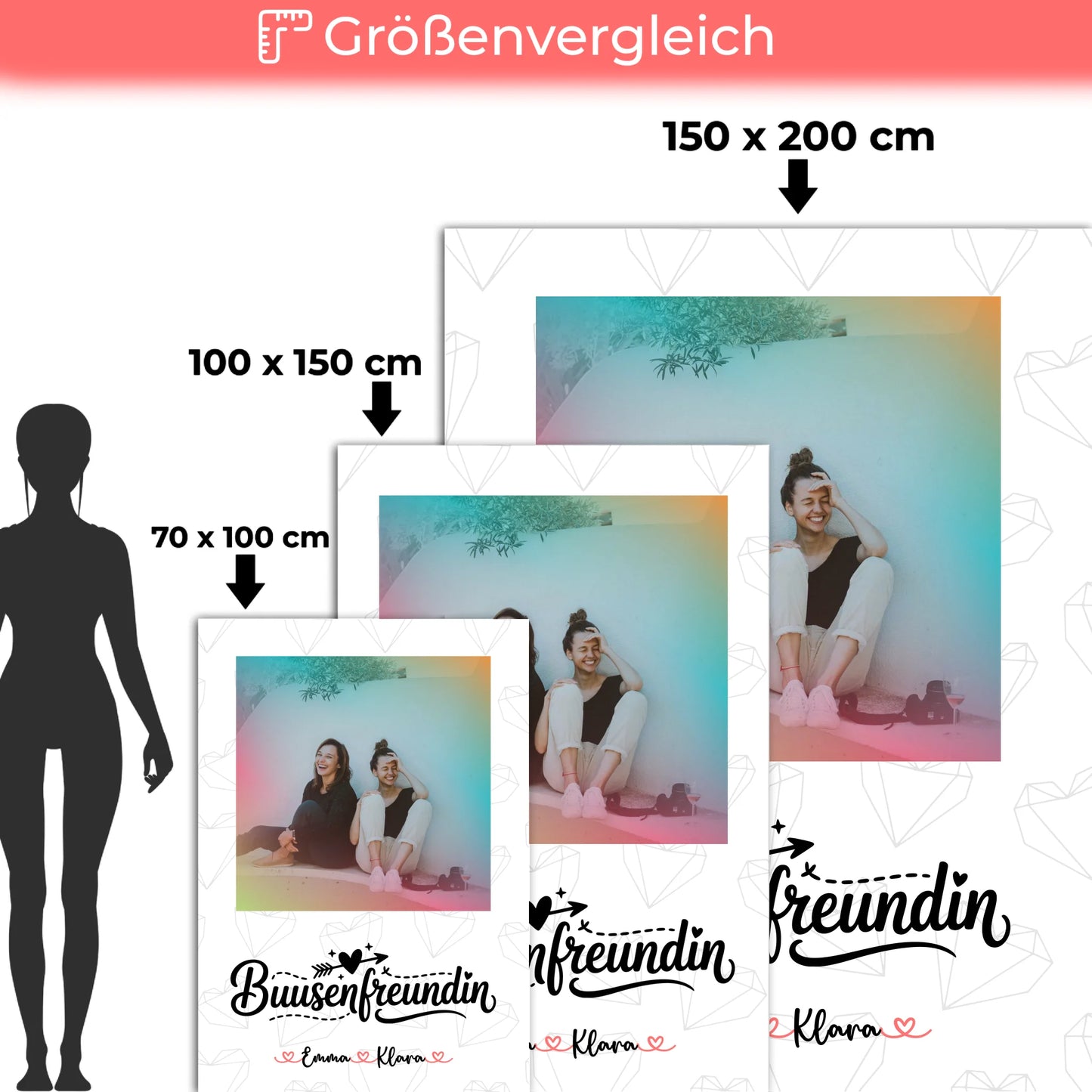 personalisierte Decke beste Freundin mit 1 Foto, Hintergrundbild, Namen & Wunschtext