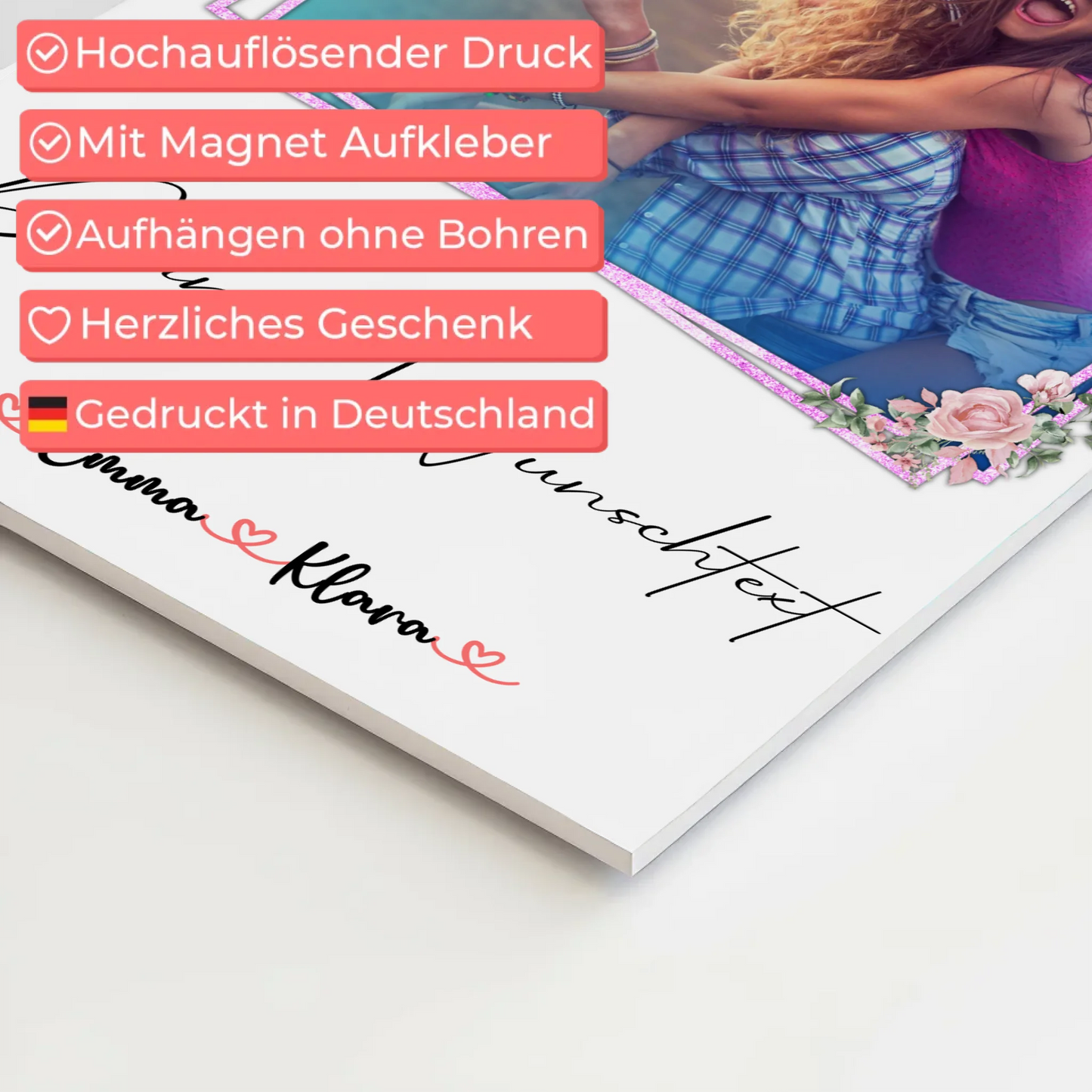 Fotoboard beste Freundinnen mit 1 Foto, Hintergrundbild, Namen & eigener Wunschtext