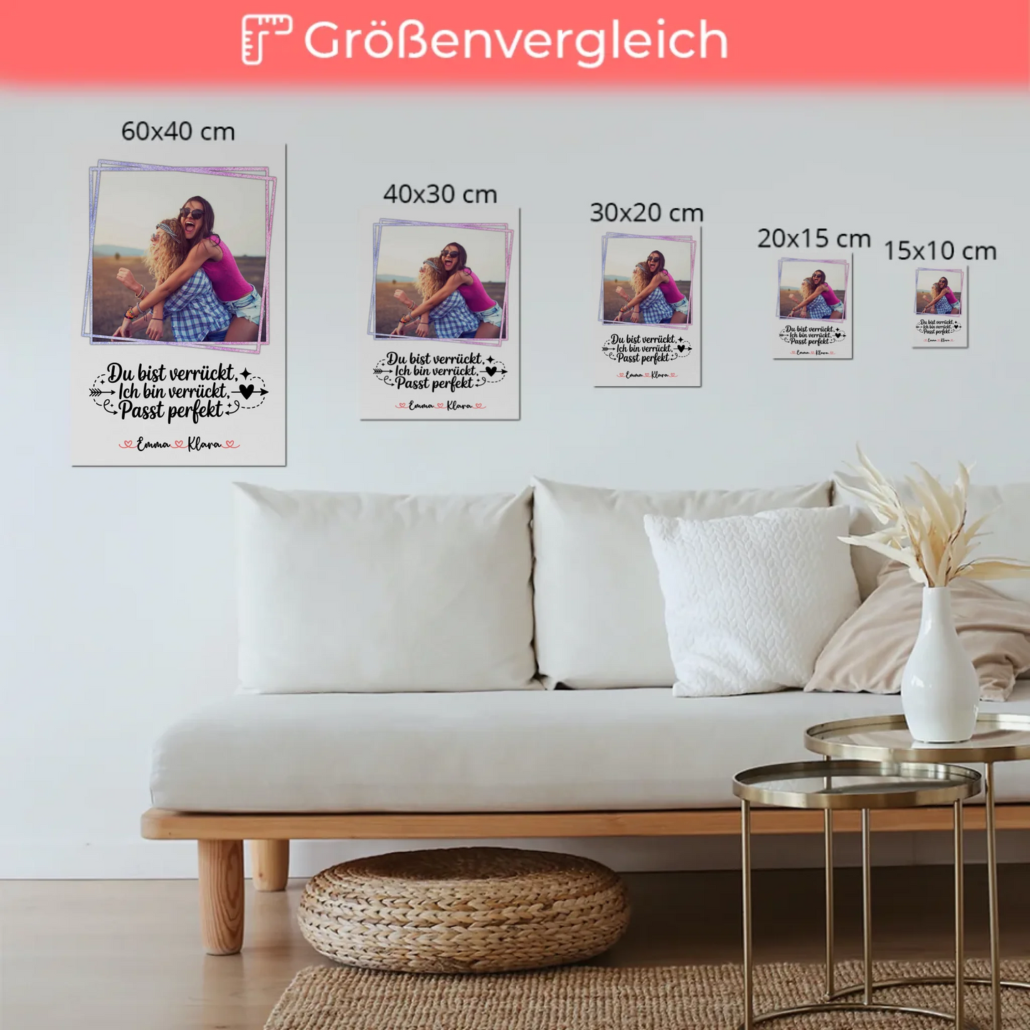 Fotoboard beste Freundinnen - Du verrückt Ich verrückt Passt mit 1 Foto, Namen & Wunschtext