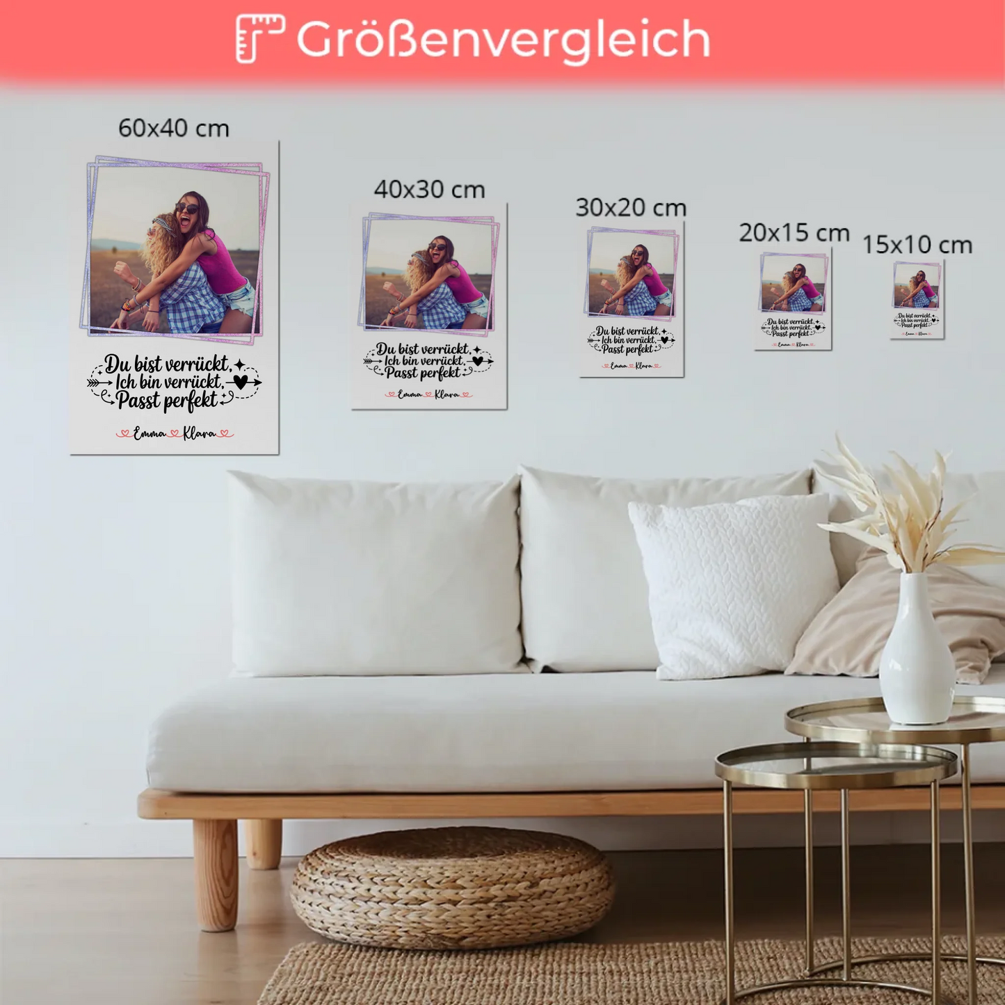 Fotoboard beste Freundinnen - Du verrückt Ich verrückt Passt mit 1 Foto, Namen & Wunschtext