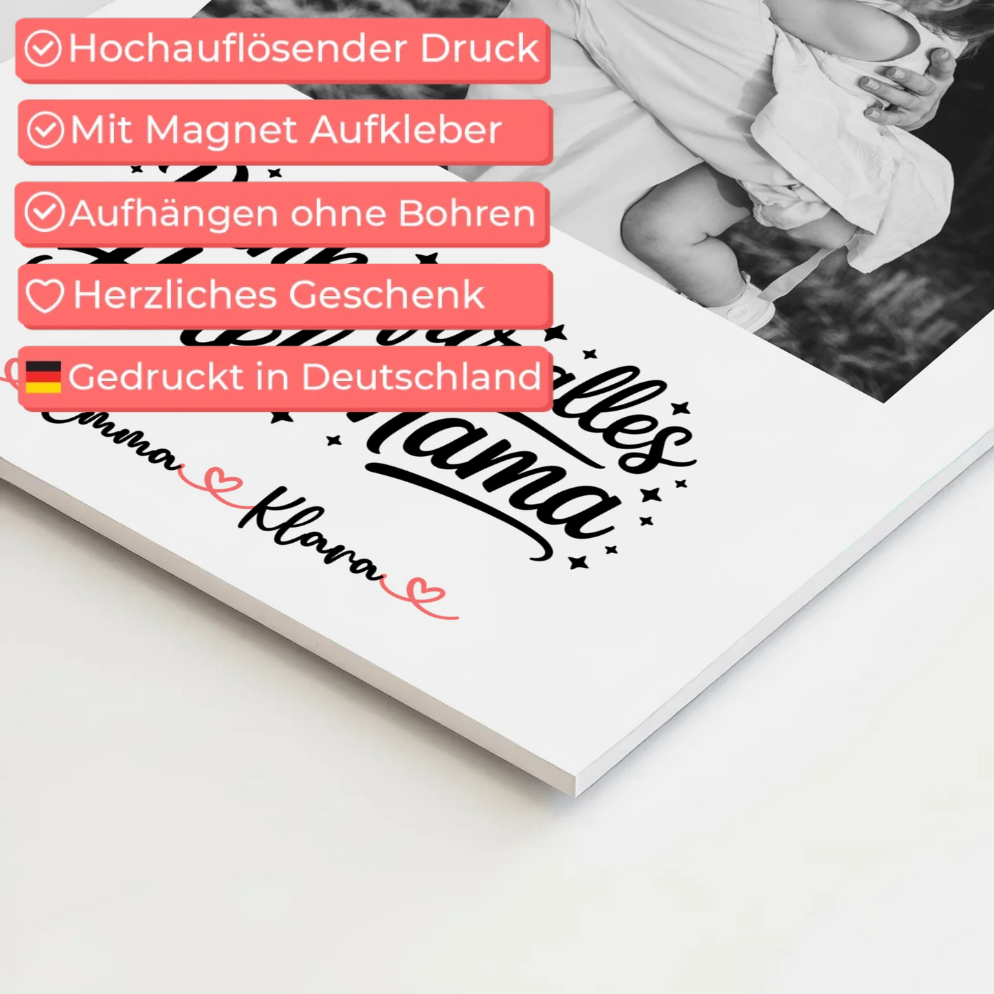 Mama Plakat Fotoboard personalisiert 4 Foto & Namen Black & White mit Wunschtext